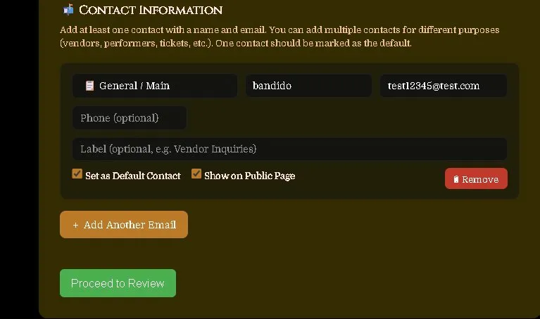 Fair update form showing contact information